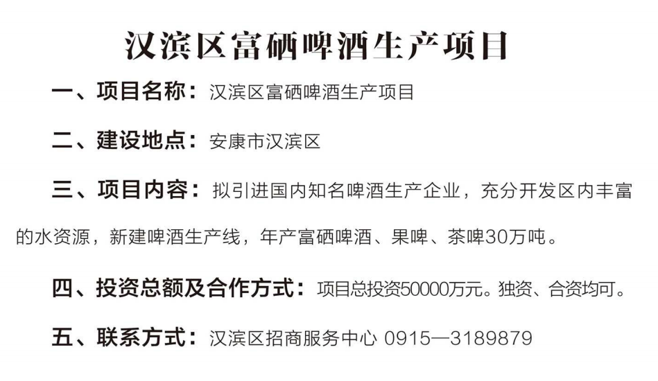 汉滨区富硒啤酒生产项目